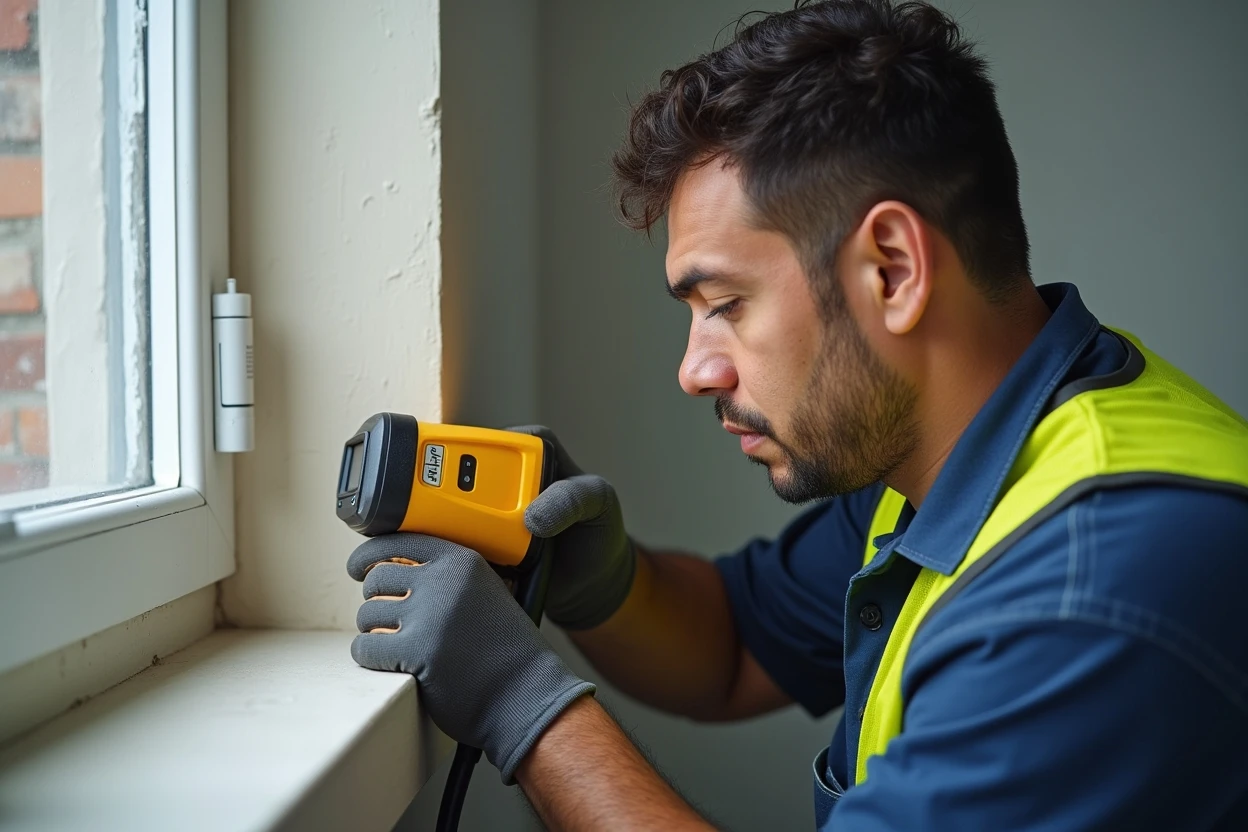 Técnico inspeccionando tubería con detector de fugas